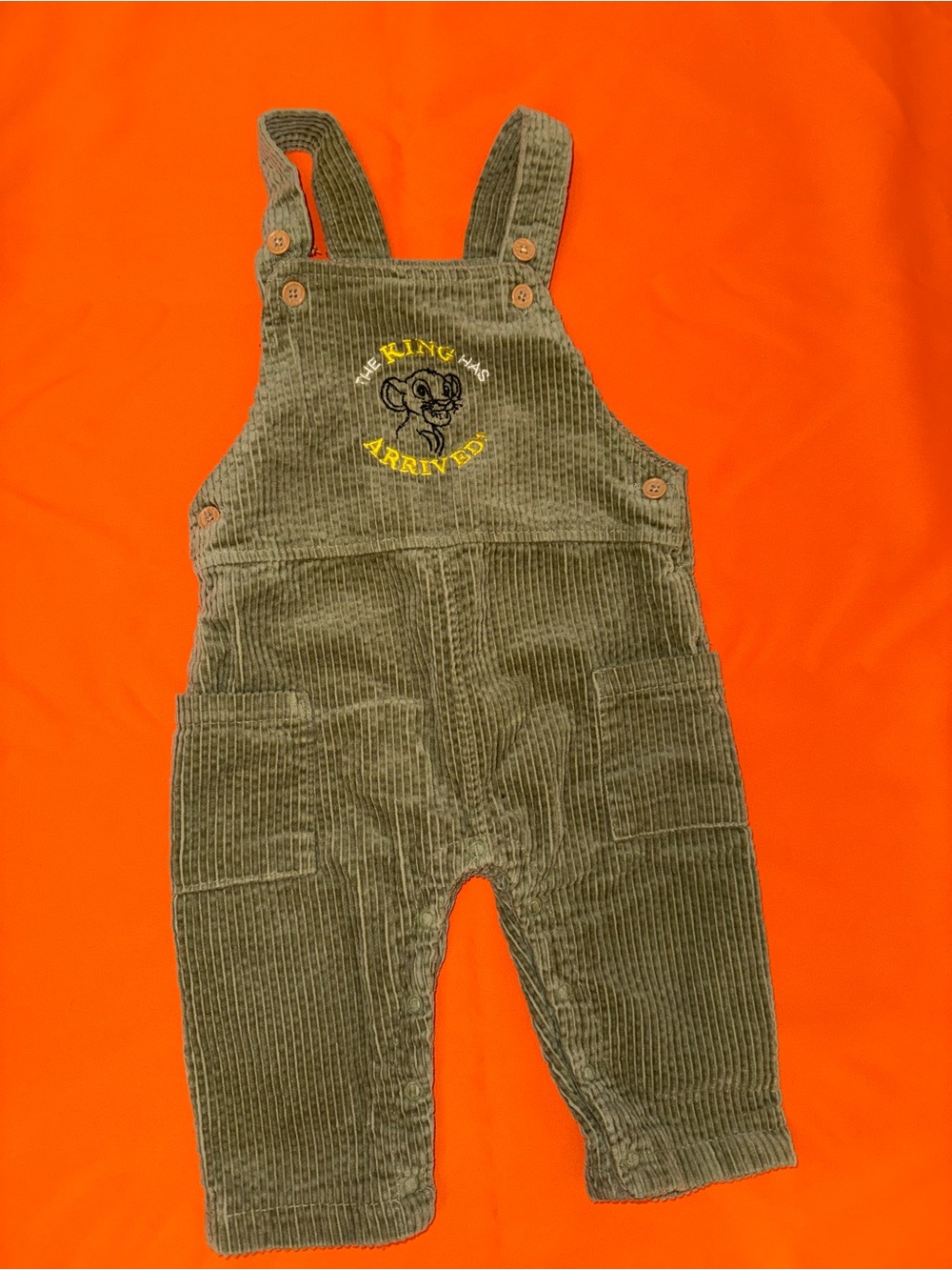 Disney Olive Green Corduroy Overalls with Embroidered Lion and Yellow Accents
